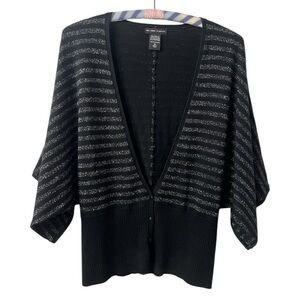 New York & Company Black Metallic Stripe Open Cardigan
